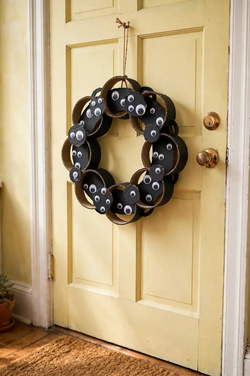 Black cardboard ring Halloween wreath with googly eyes