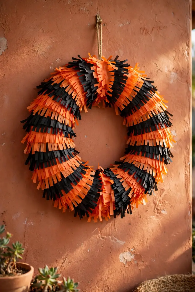 Orange and black paper fringe Halloween wreath, pinata style
