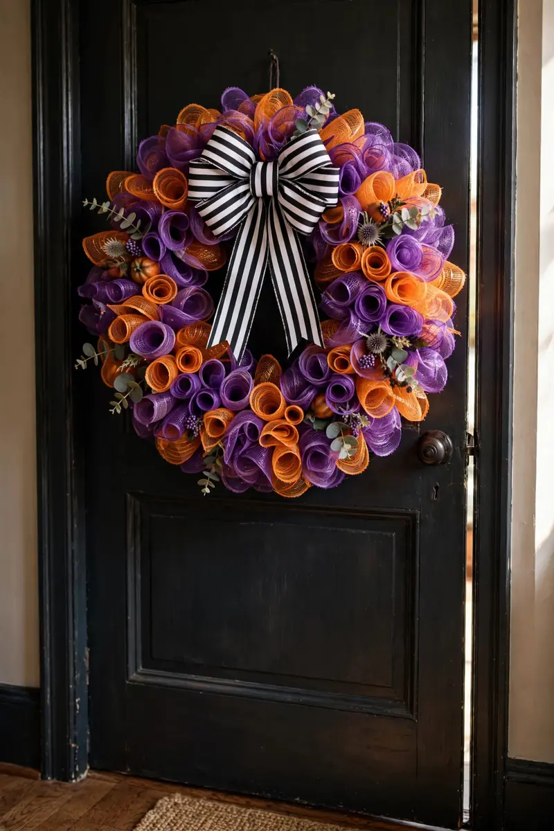 Purple and orange deco mesh swirl Halloween wreath