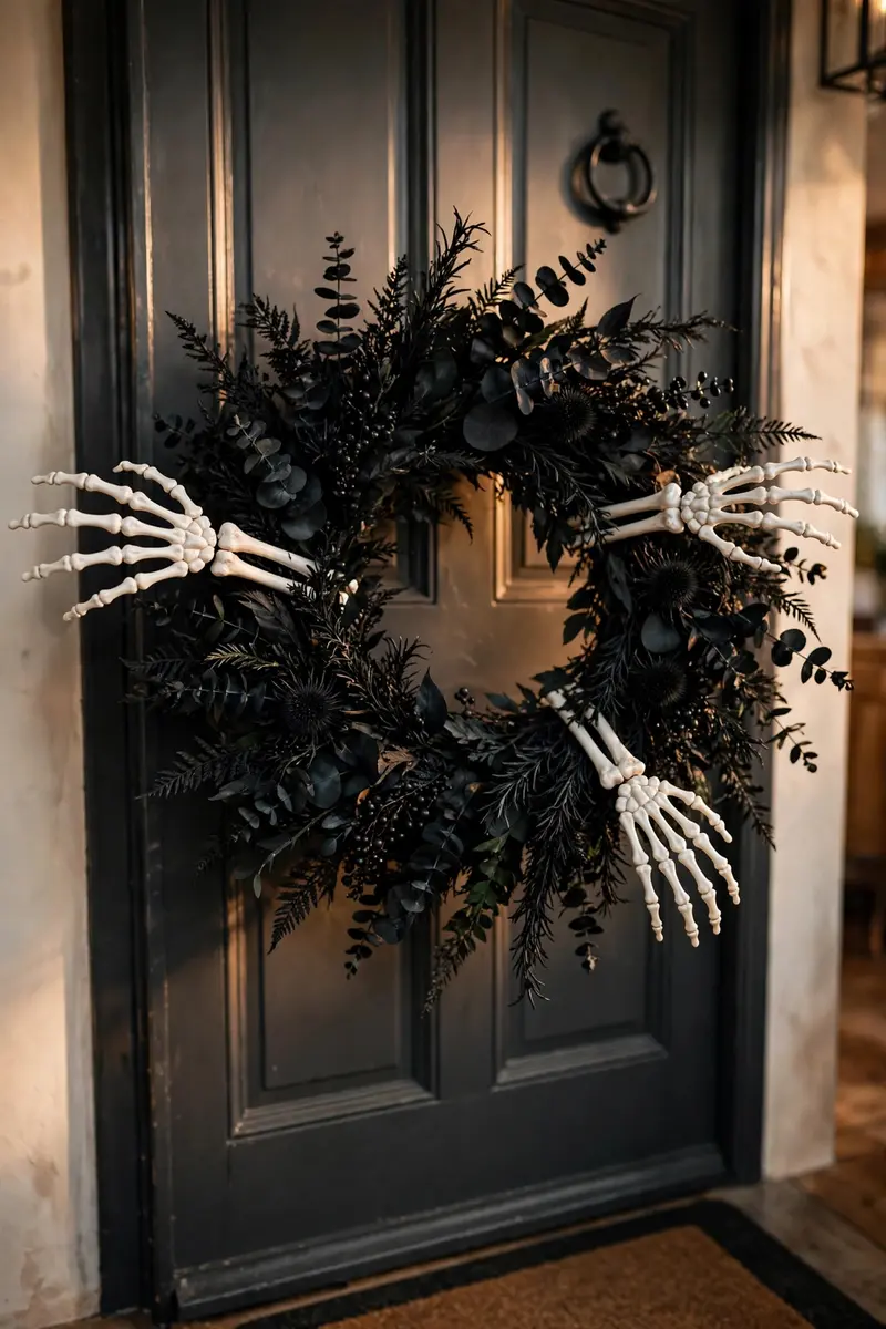 Skeleton hands reaching Halloween wreath in black foliage