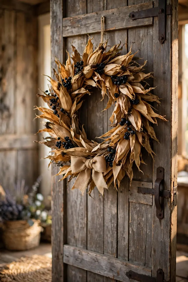 Dried corn husk harvest Halloween wreath with black berries