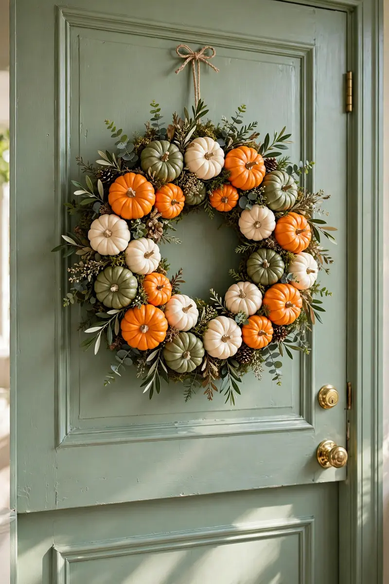 Stacked mini pumpkin topiary Halloween wreath