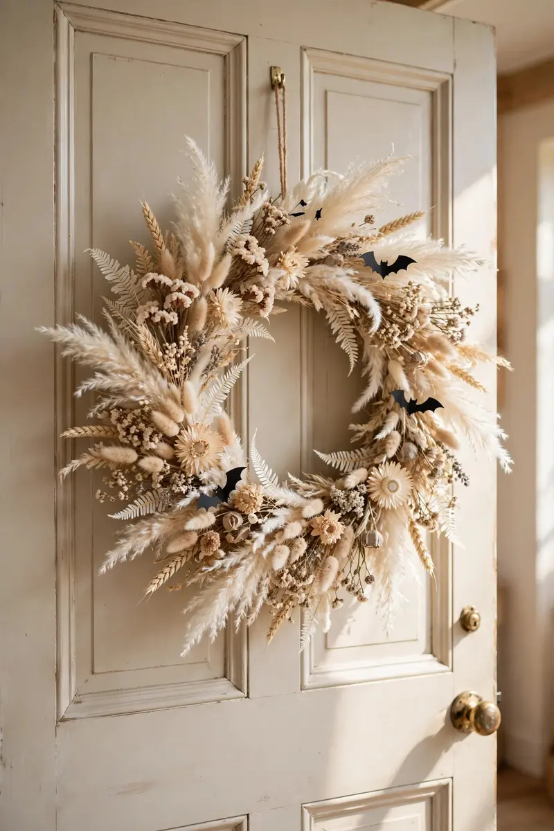 Boho neutral Halloween wreath with pampas grass and black bats