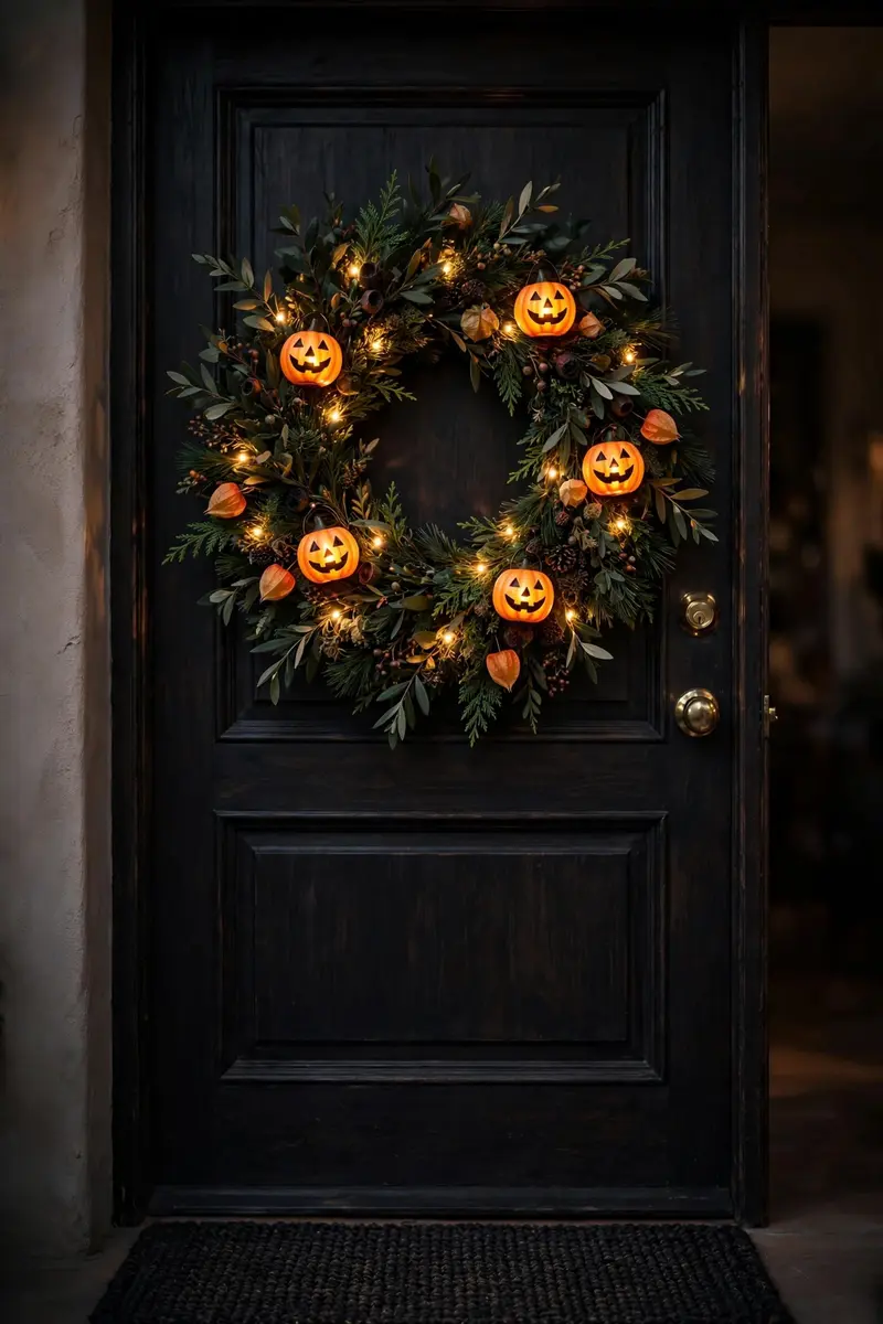 Glowing jack-o-lantern lantern Halloween wreath at dusk