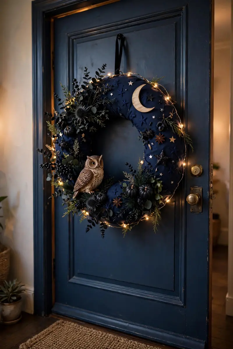 Owl and moon night sky Halloween wreath