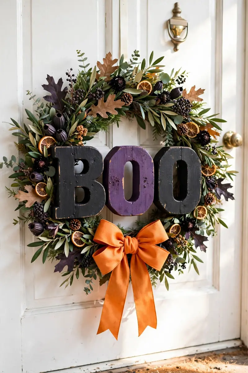 Wooden BOO letter Halloween wreath