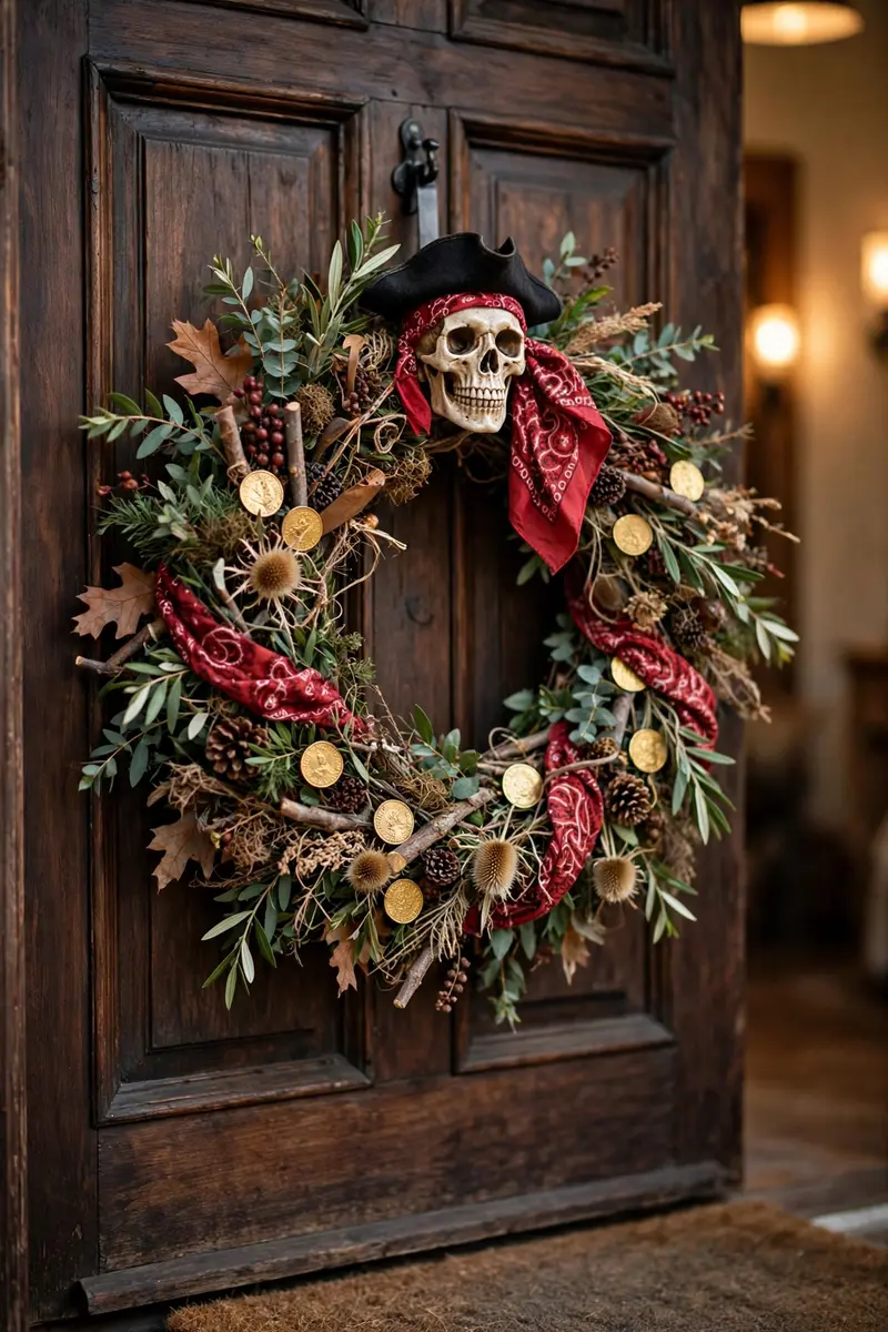 Skeleton pirate Halloween wreath with gold coins