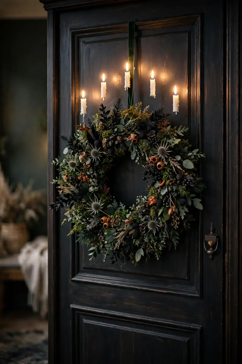 Floating candle Halloween wreath with dark greenery
