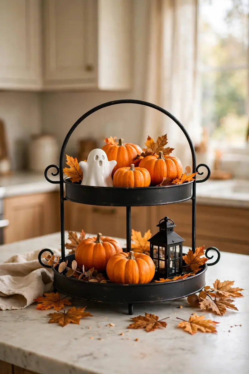 Halloween tiered tray decor ideas — classic black, orange and white tray with mini pumpkins, ceramic ghost and lantern