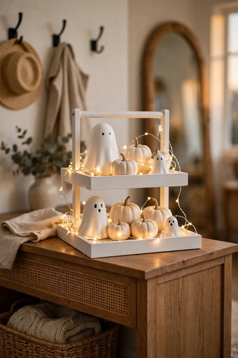 Halloween tiered tray decor ideas — all-white ceramic ghosts with mini pumpkins and warm fairy lights
