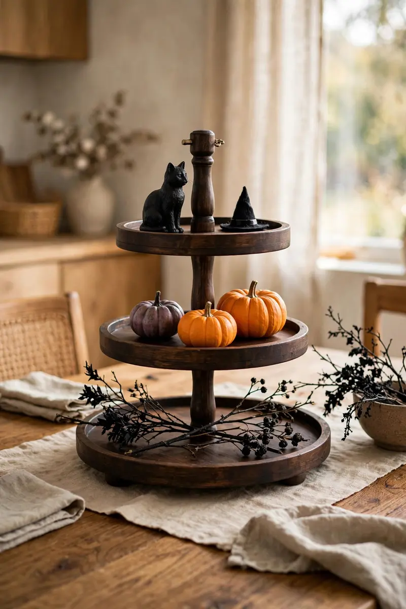 Halloween tiered tray decor ideas — black cat figurine with mini witch hat and jewel-toned pumpkins