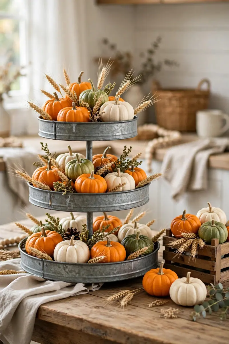 Mini pumpkin patch tiered tray on a farmhouse table with wheat sprigs