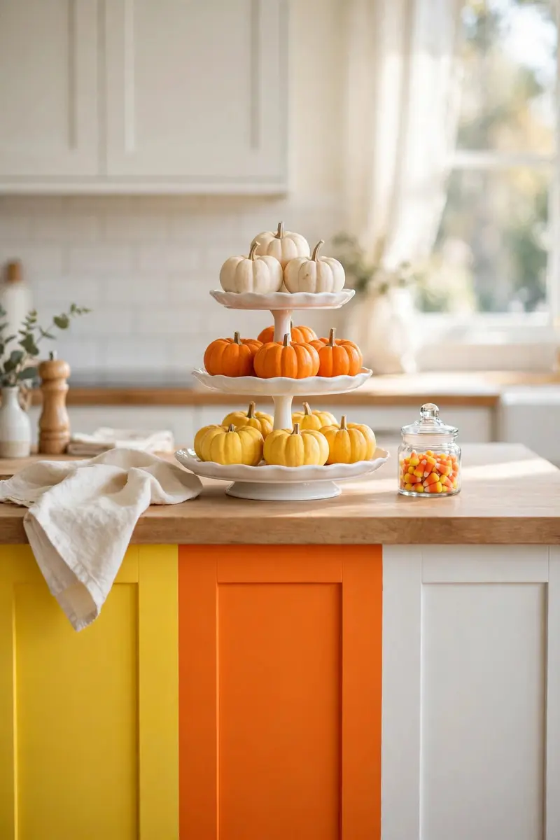 Candy corn color-blocked tiered tray with yellow orange and white pumpkins