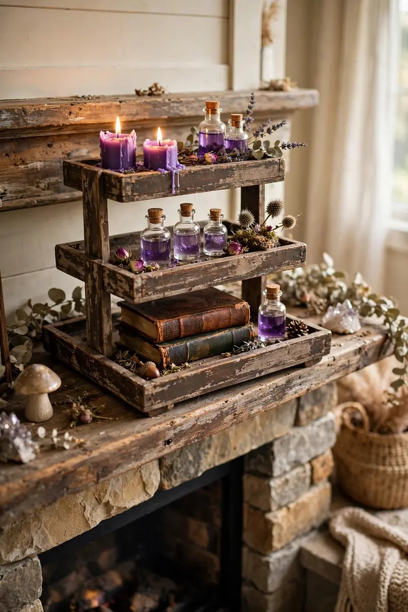 Hocus Pocus spellbook tiered tray with potion bottles and purple candles on a mantel