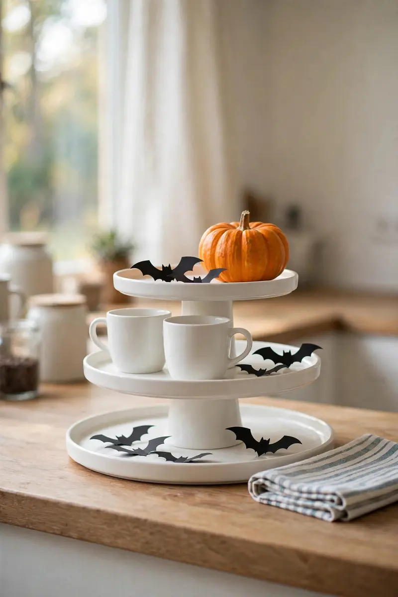 Minimal white tiered tray at a coffee bar with mugs, black bats and one pumpkin