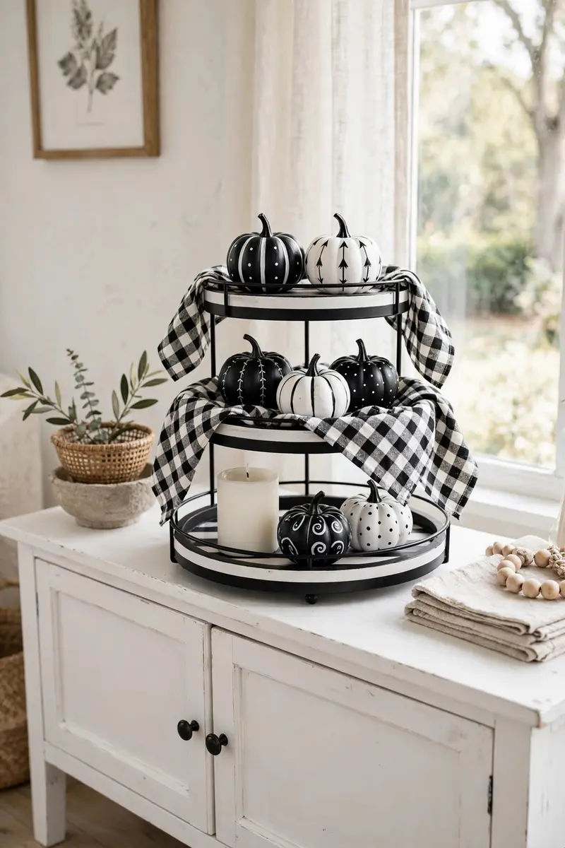 Black and white monochrome tiered tray with painted pumpkins and checkered cloth