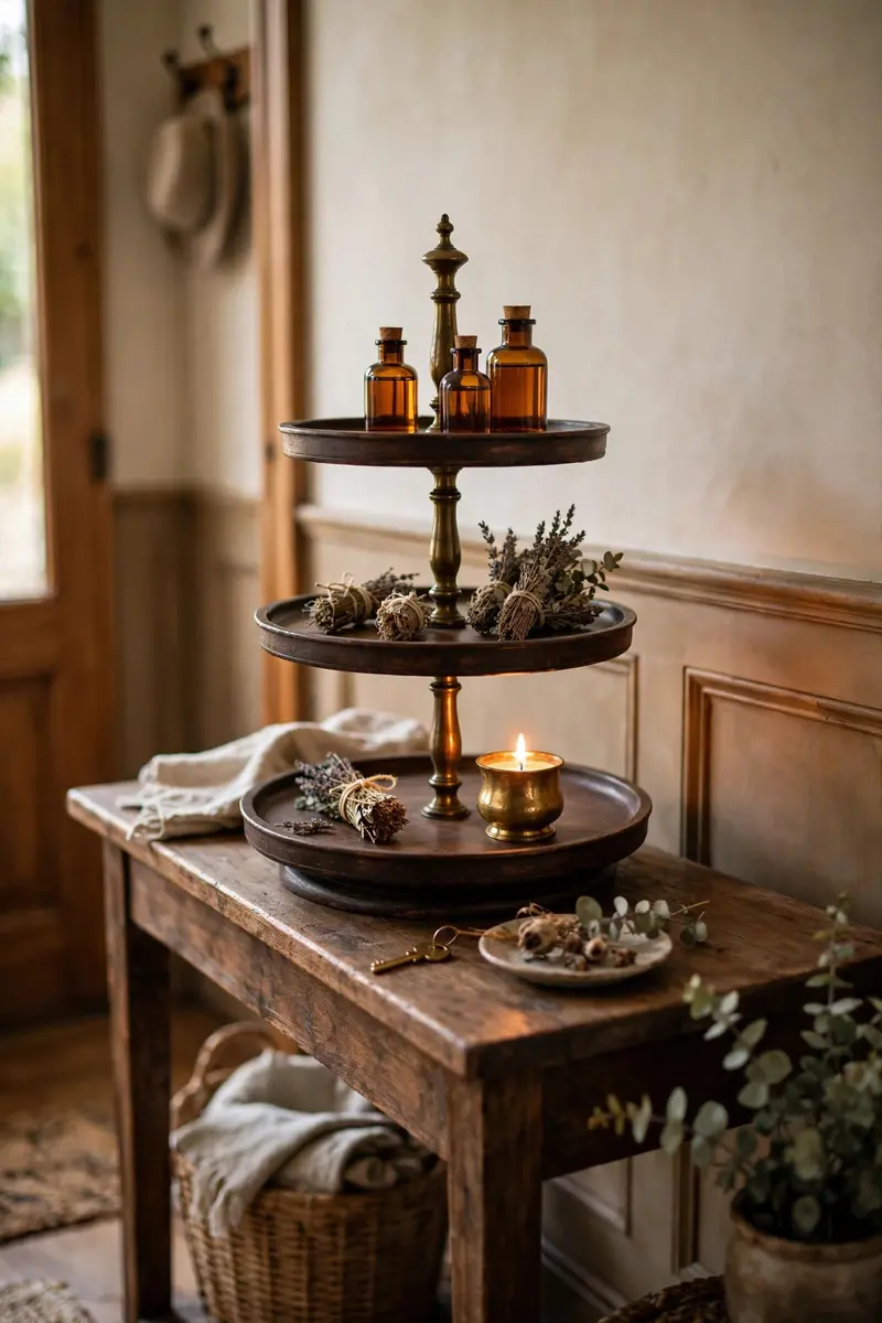 Vintage apothecary potion tiered tray with amber glass bottles and dried herbs