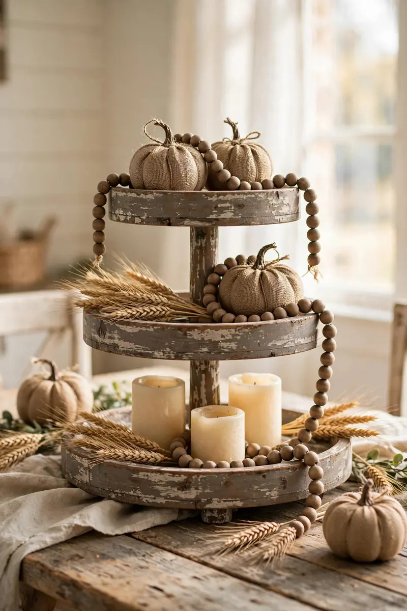 Rustic farmhouse tiered tray with burlap pumpkins and wooden bead garland
