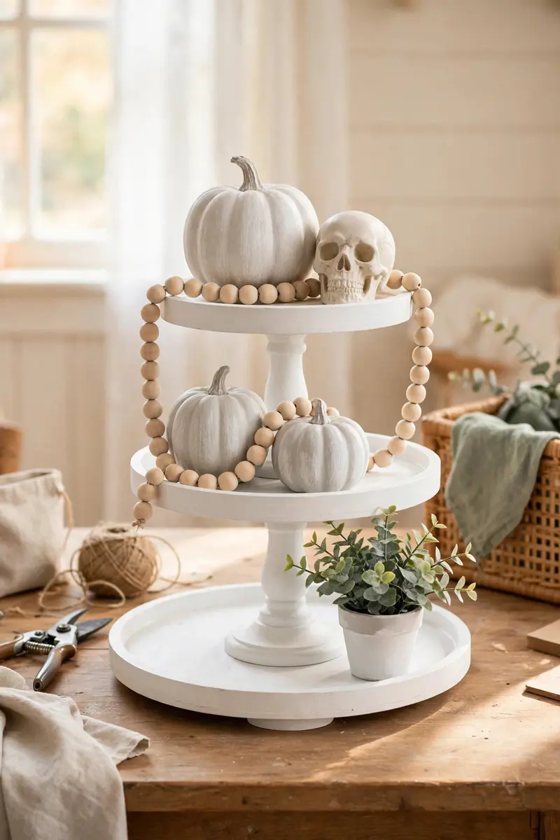 Dollar-store DIY tiered tray with chalk-painted pumpkins and skull