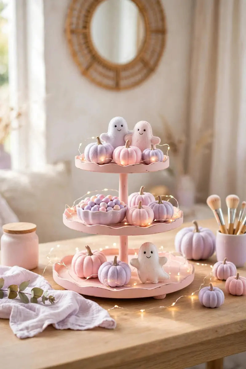 Pastel cute Halloween tiered tray with blush pumpkins, felt ghosts and fairy lights