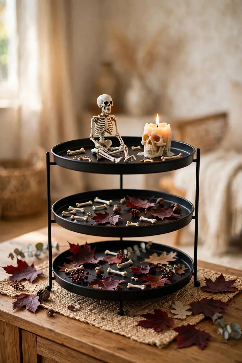 Mini skeleton scene tiered tray with skull candle and warm candlelight
