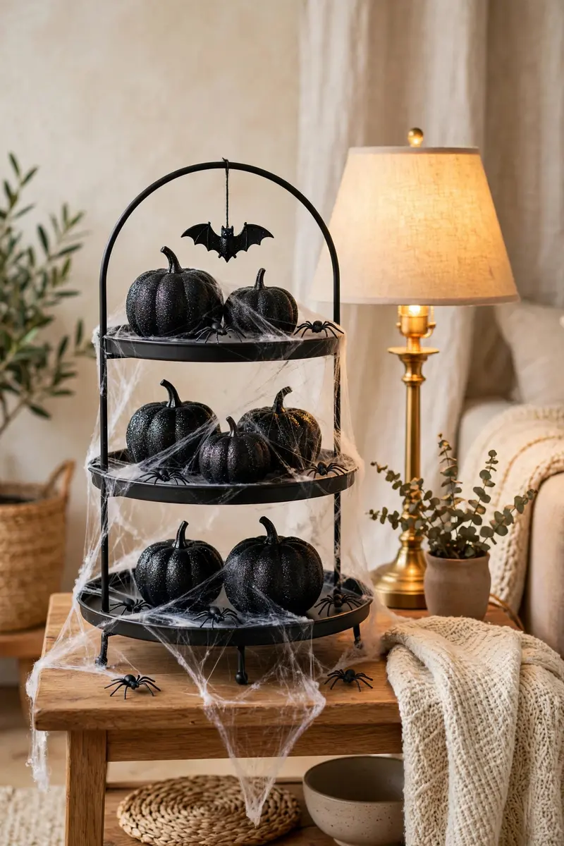 Spiderweb and black glitter pumpkin tiered tray with faux spiders