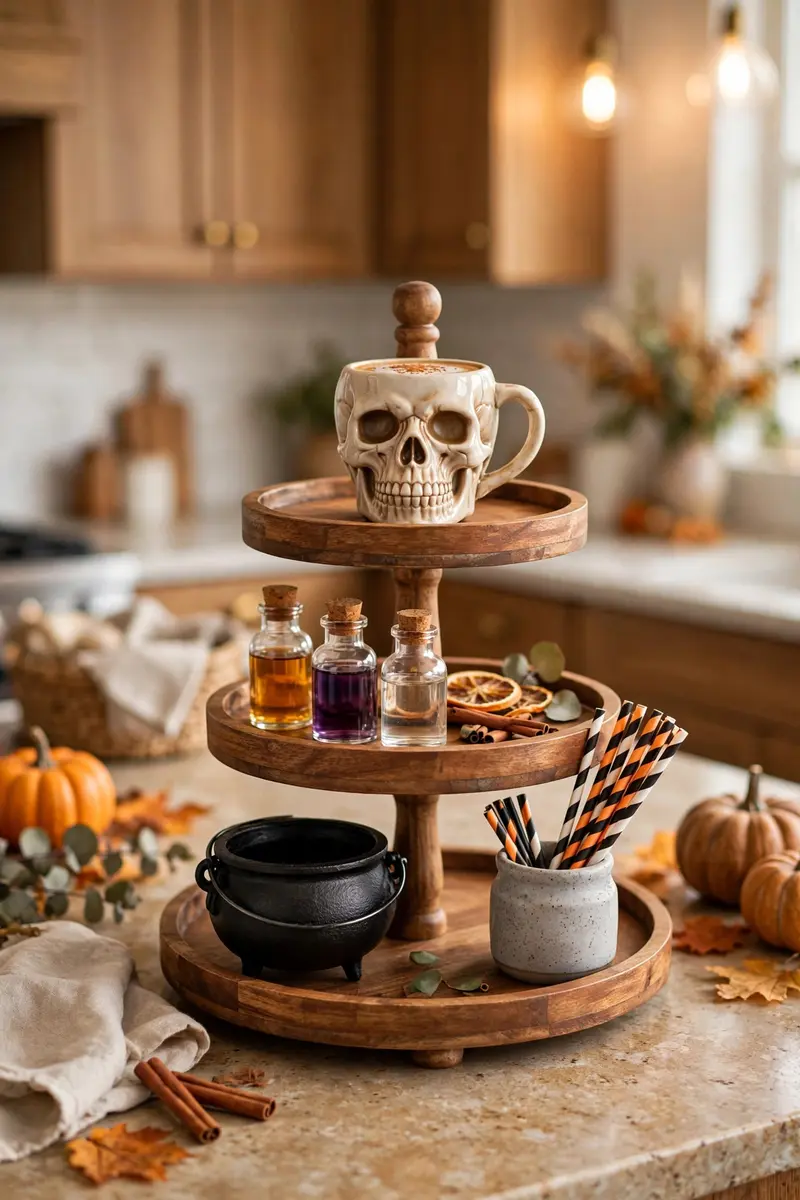 Witch's brew coffee station tiered tray with skull mug and potion bottles