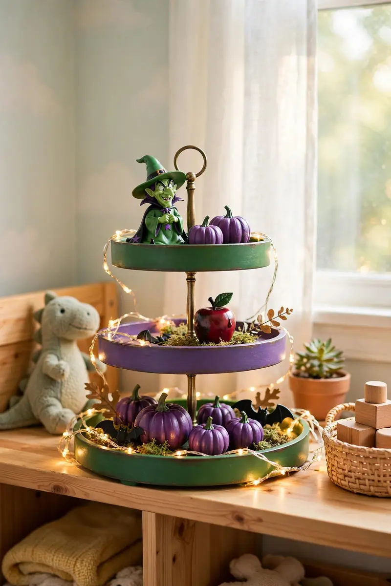 Disney villain inspired green and purple tiered tray with witch figurine