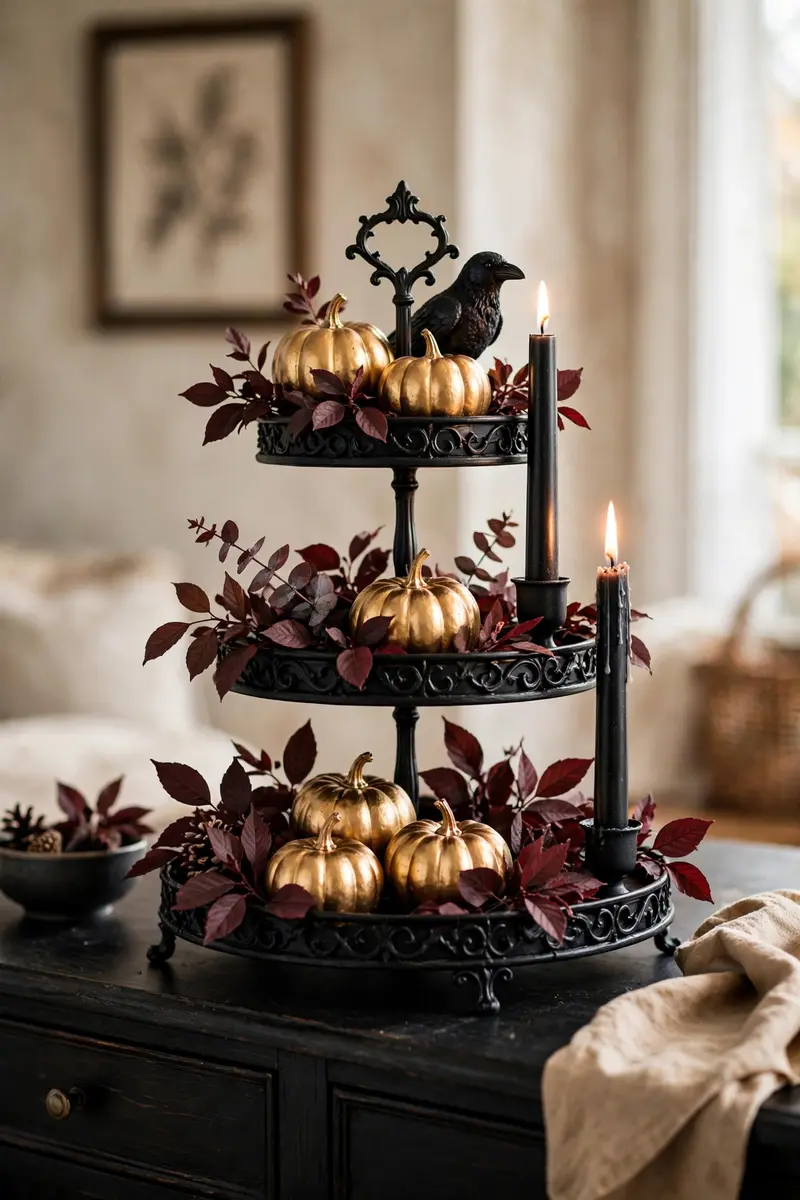Gothic black and gold tiered tray with gold pumpkins, black candles and crow