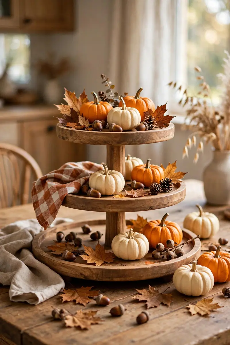 Fall to Halloween transition tiered tray with autumn leaves and cream pumpkins