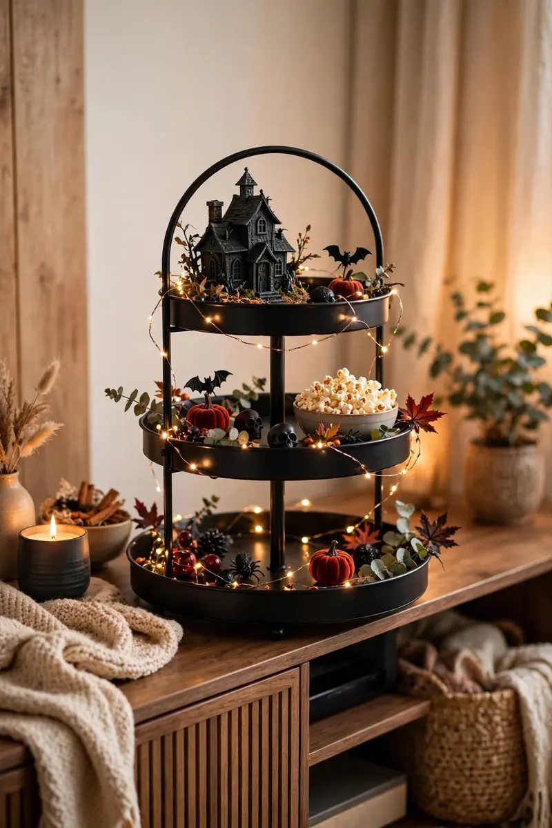 Horror movie night tiered tray with miniature haunted house and string lights