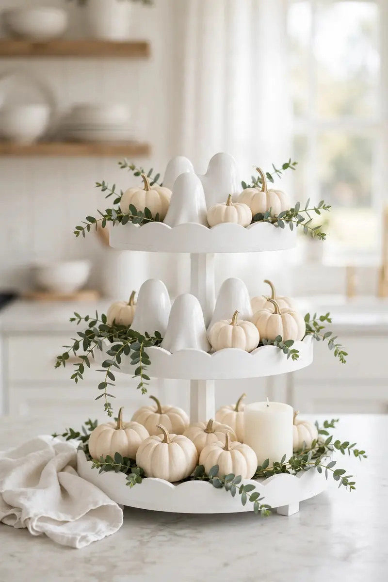 All-white farmhouse ghost tiered tray with ceramic ghosts and eucalyptus