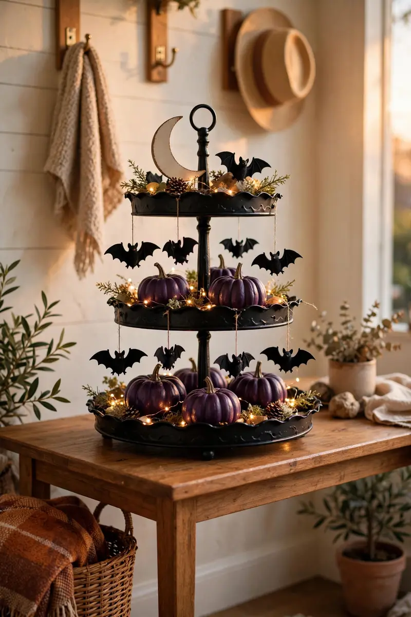 Bat colony tiered tray with hanging bats, crescent moon and purple pumpkins