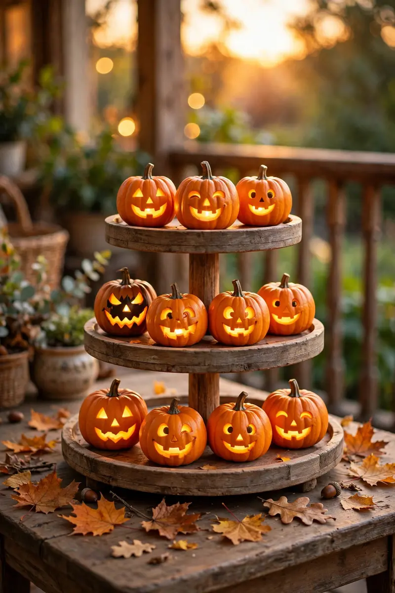 Glowing mini jack-o'-lantern tiered tray on a porch table at dusk