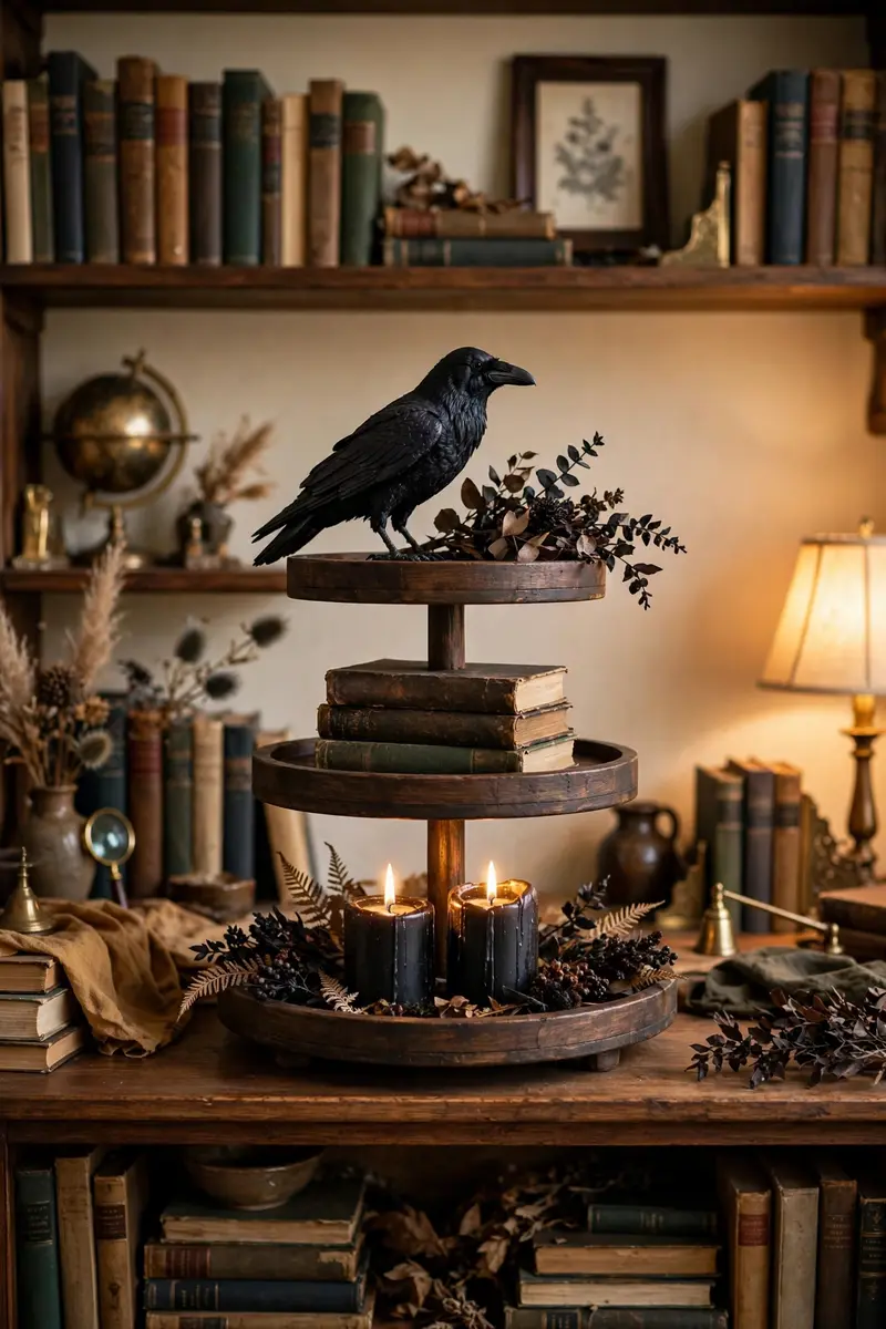 Raven and dark academia tiered tray with old books and black candles