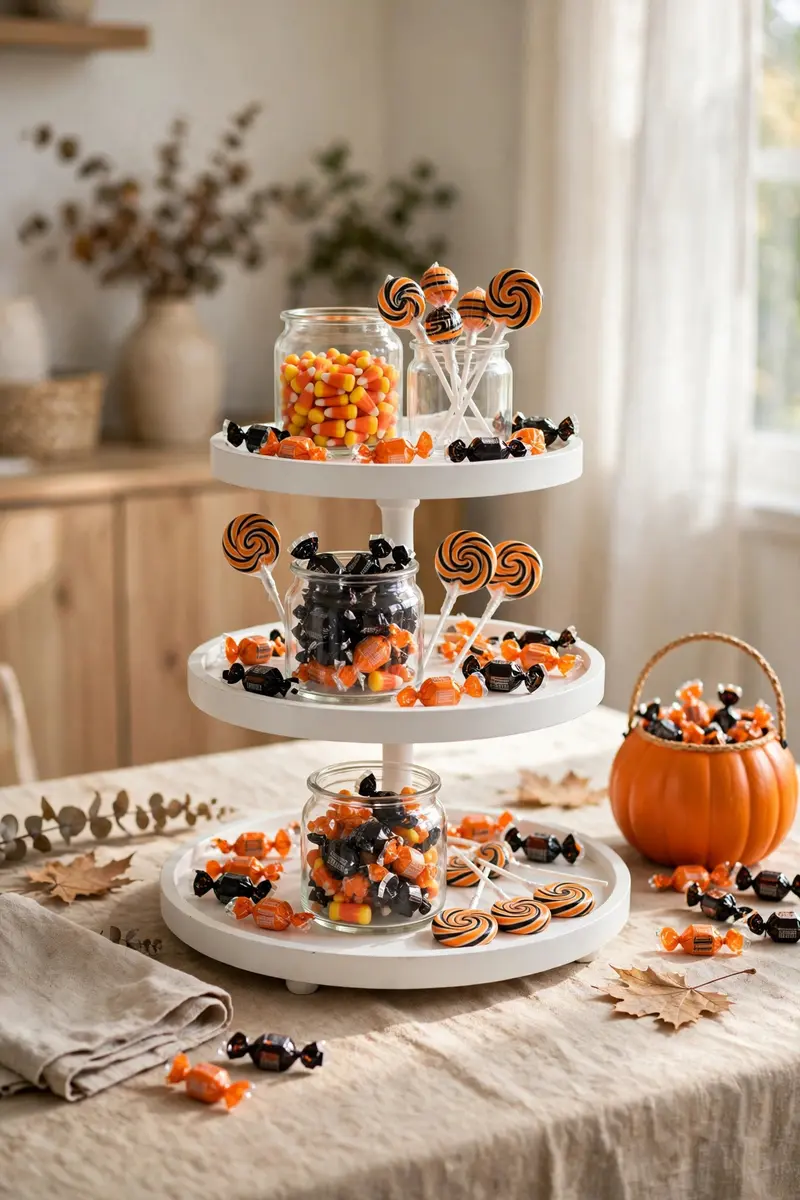 Trick-or-treat candy station tiered tray with glass candy jars