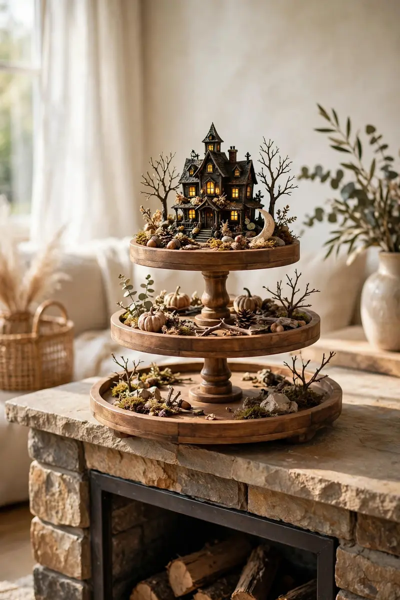 Miniature haunted house scene on a wooden tiered tray on a mantel