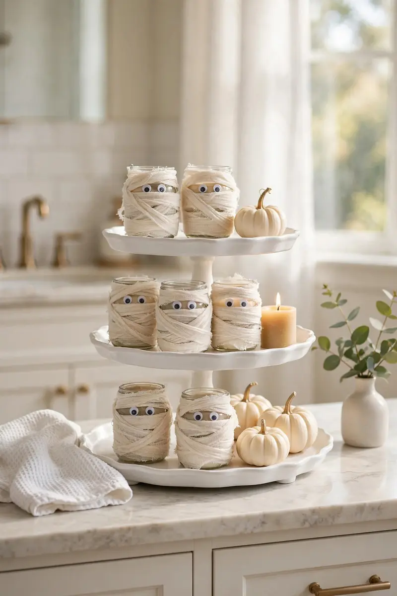 Mummy-wrapped jar tiered tray with gauze jars and googly eyes