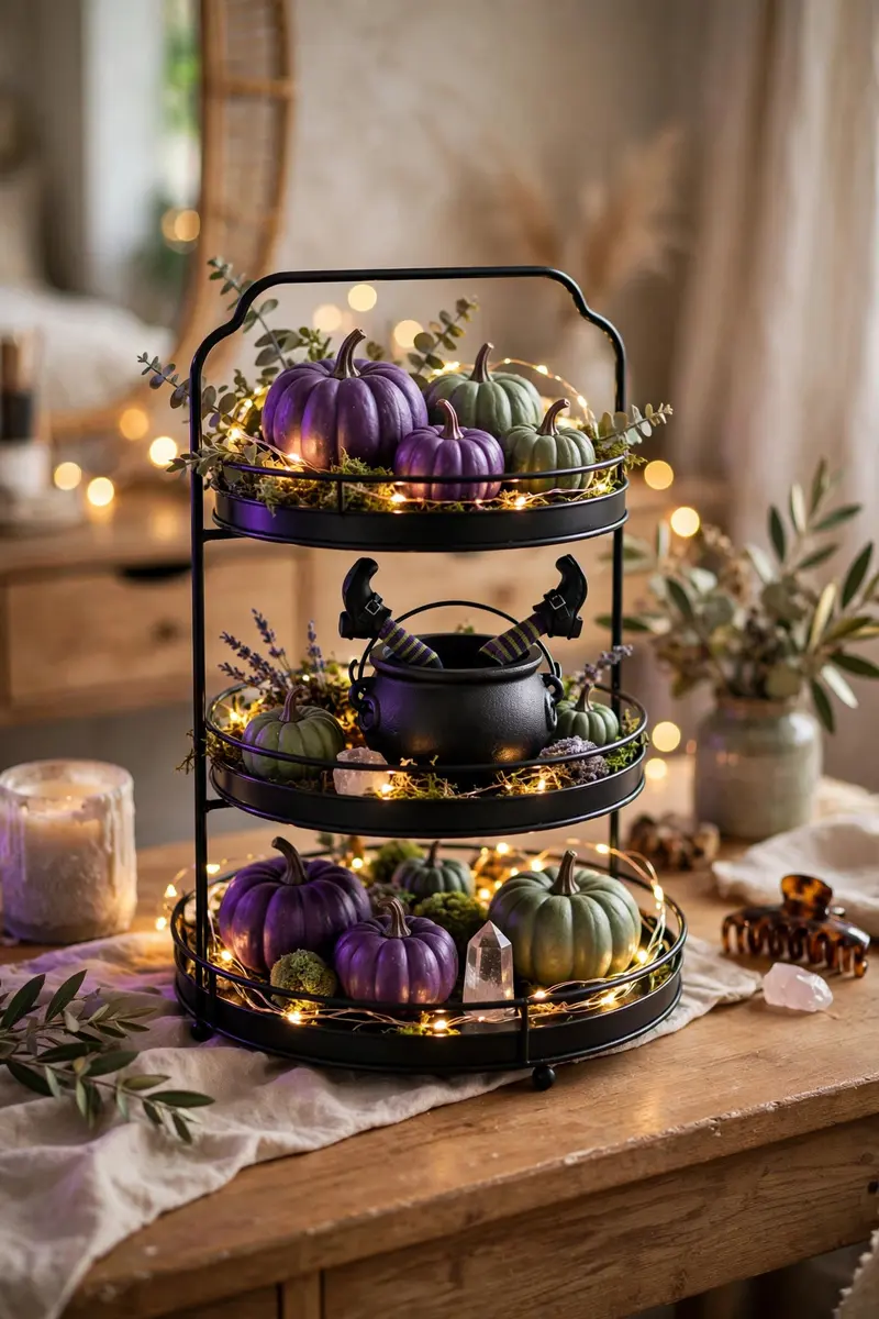 Purple and green witchy glow tiered tray with cauldron and fairy lights