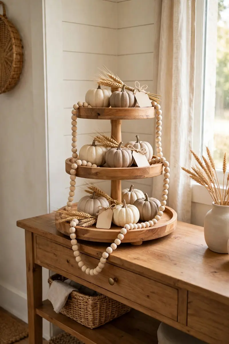 Natural wood tiered tray with wooden bead garland and neutral pumpkins