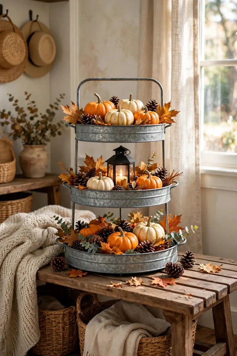 Entryway welcome tiered tray with pumpkins, lantern and pinecones