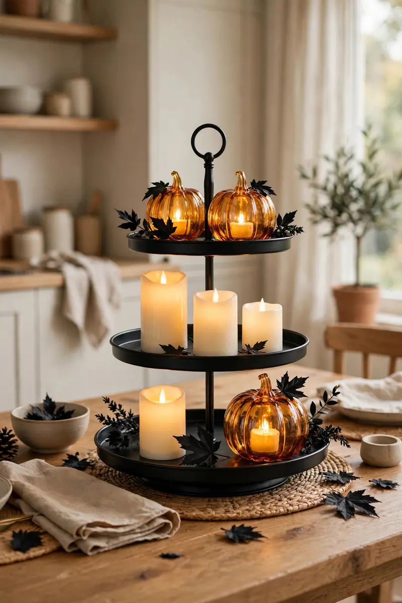 Flameless candle glow tiered tray with amber glass pumpkins