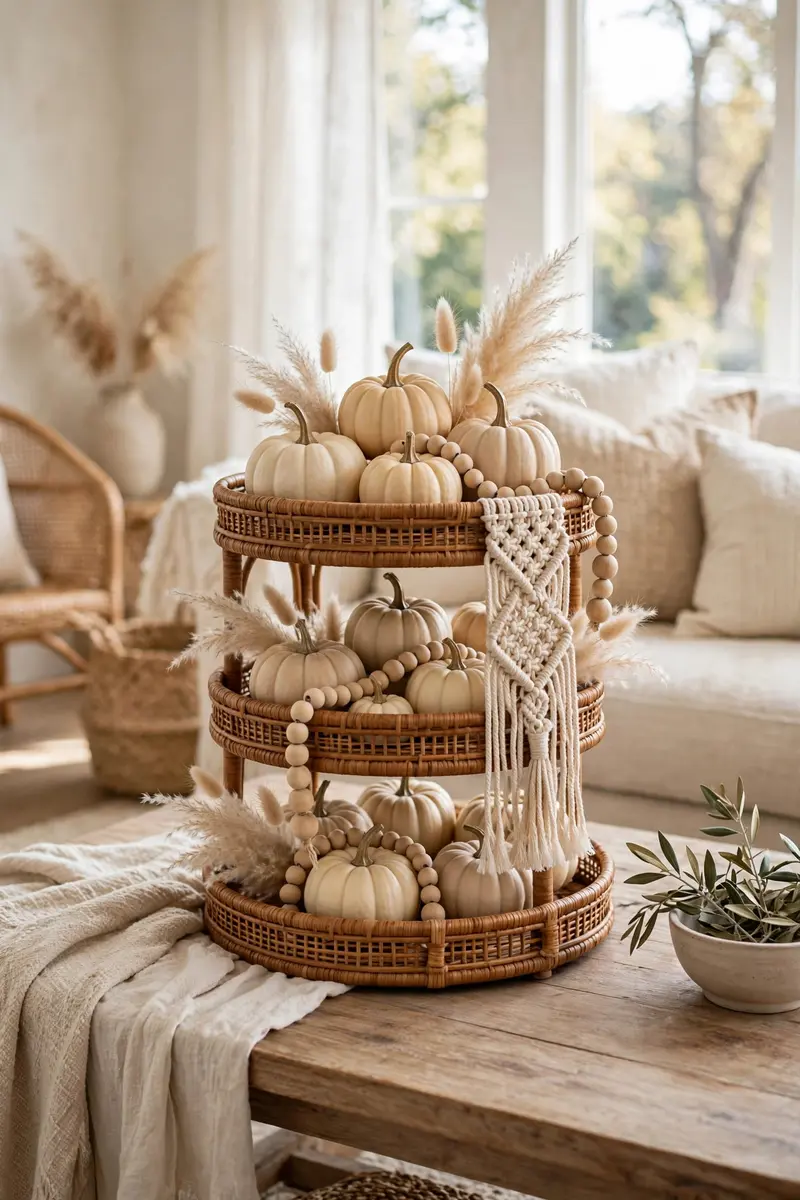 Boho neutral Halloween tiered tray with rattan, pampas grass and cream pumpkins