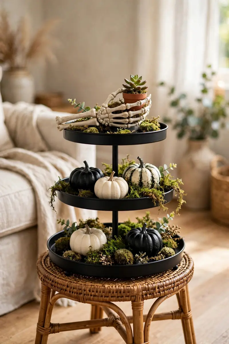 Skeleton hand planter tiered tray with succulent and black and white pumpkins