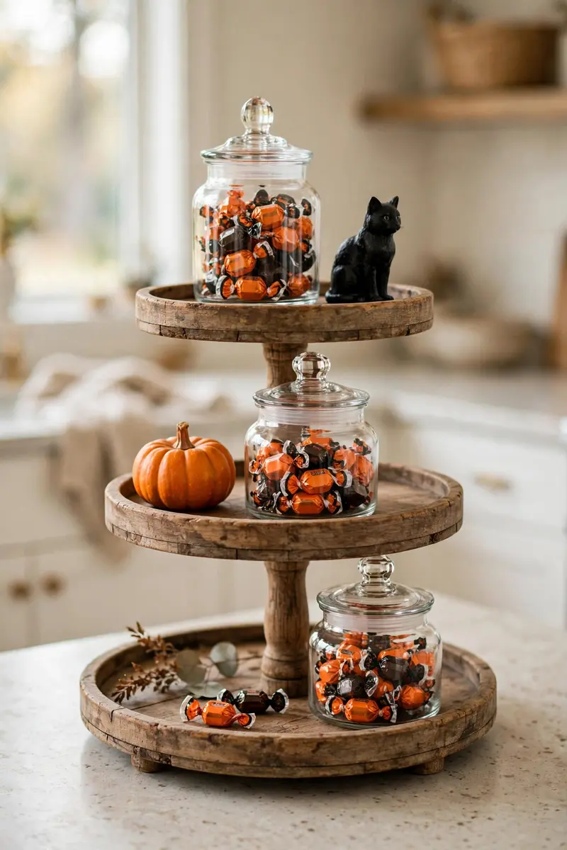 Glass apothecary candy jars on a wooden tiered tray with black cat