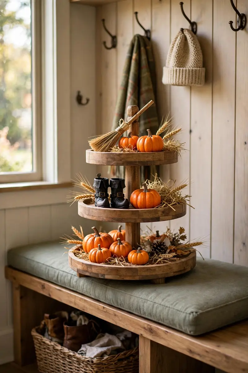 Tiny broom and witch boots tiered tray on a mudroom bench