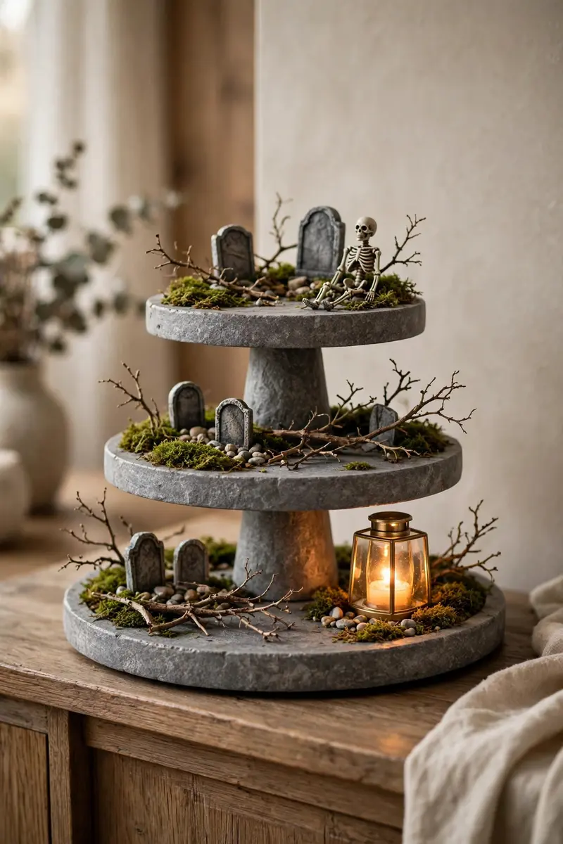 Mini graveyard scene tiered tray with tombstones, moss and lantern