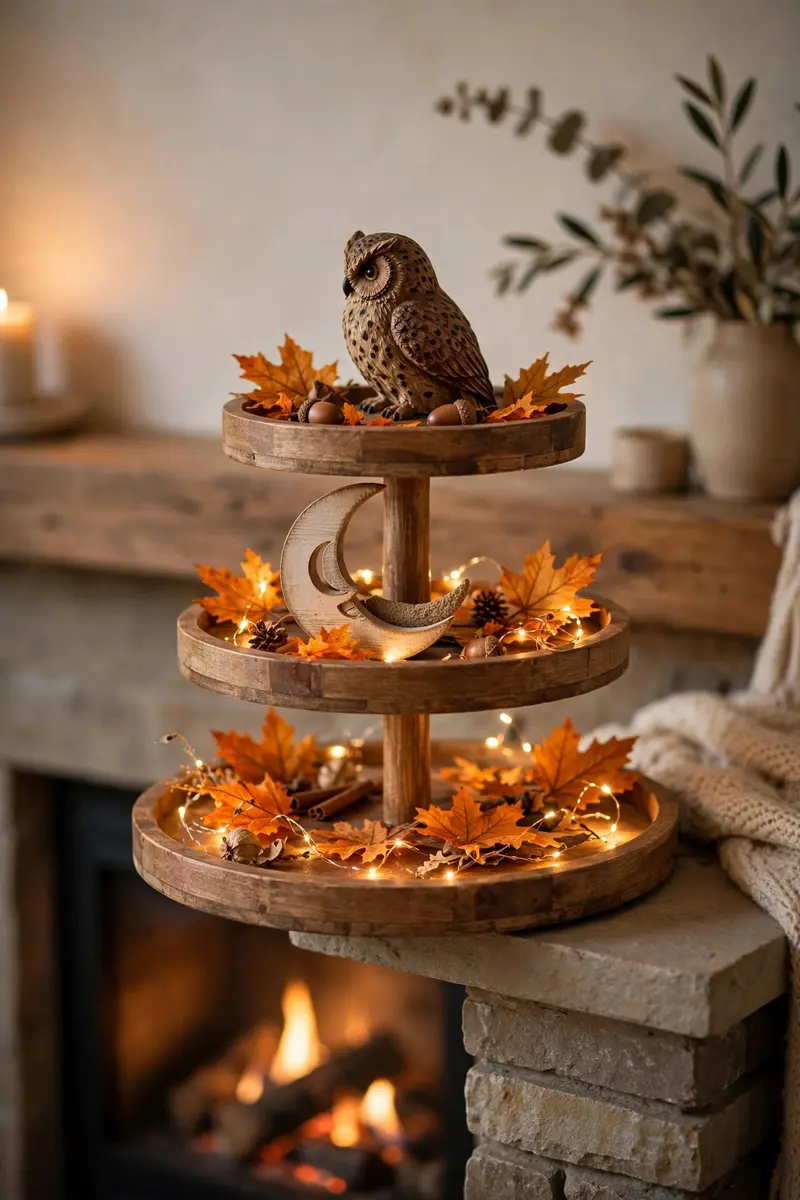 Harvest moon and owl tiered tray on a mantel with autumn leaves