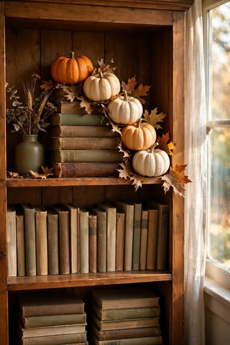 Halloween shelf decor ideas: wooden bookshelf styled with small pumpkins and fall garland