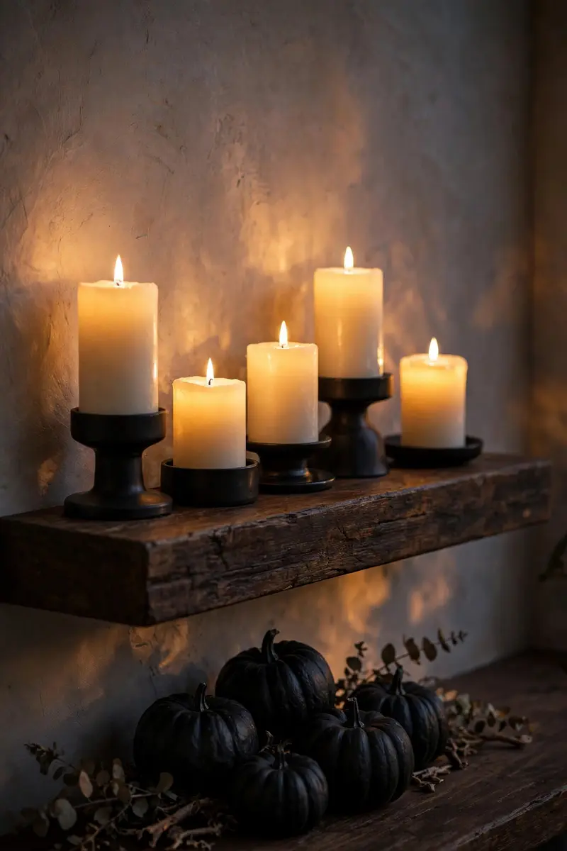 Halloween shelf decor ideas: floating shelves with black pumpkins and candles